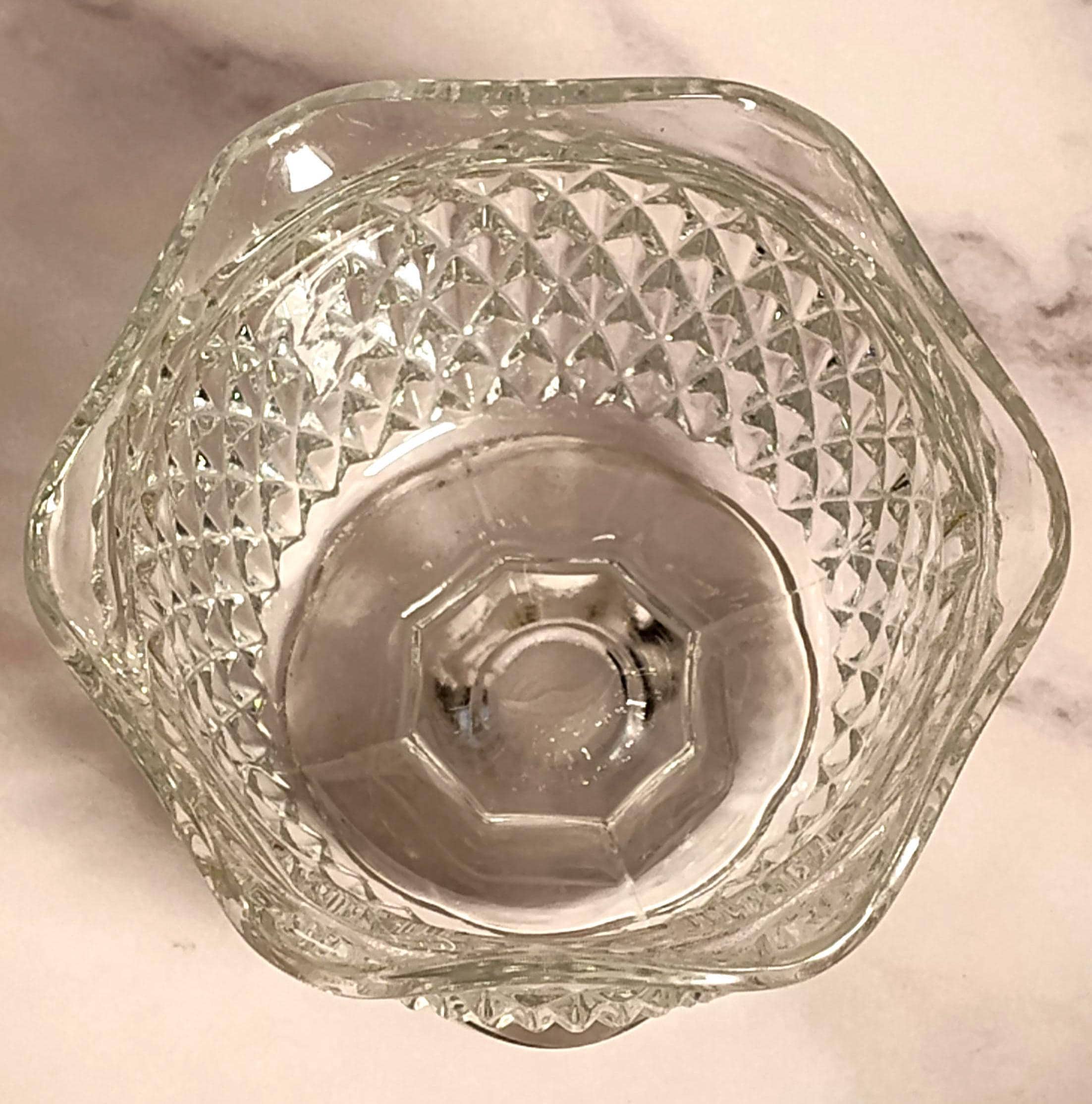 Vintage Diamond Point Pressed Glass Footed Compote Candy Dish Scalloped Rim Mid Century - Image 2