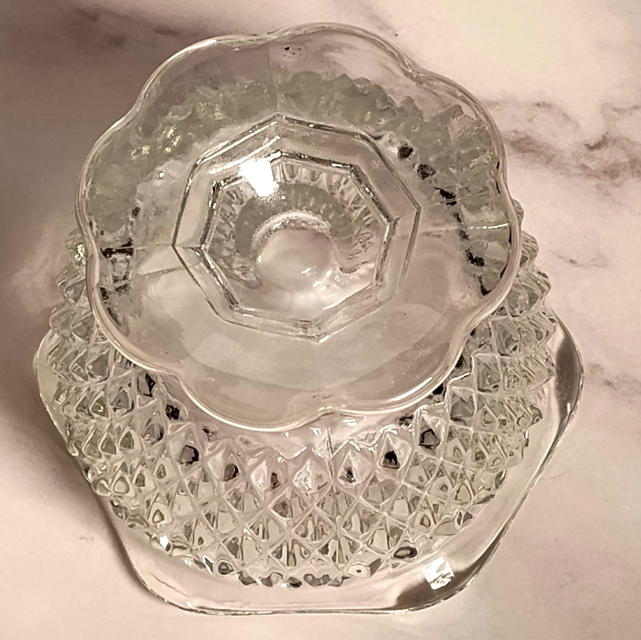 Vintage Diamond Point Pressed Glass Footed Compote Candy Dish Scalloped Rim Mid Century - Image 3