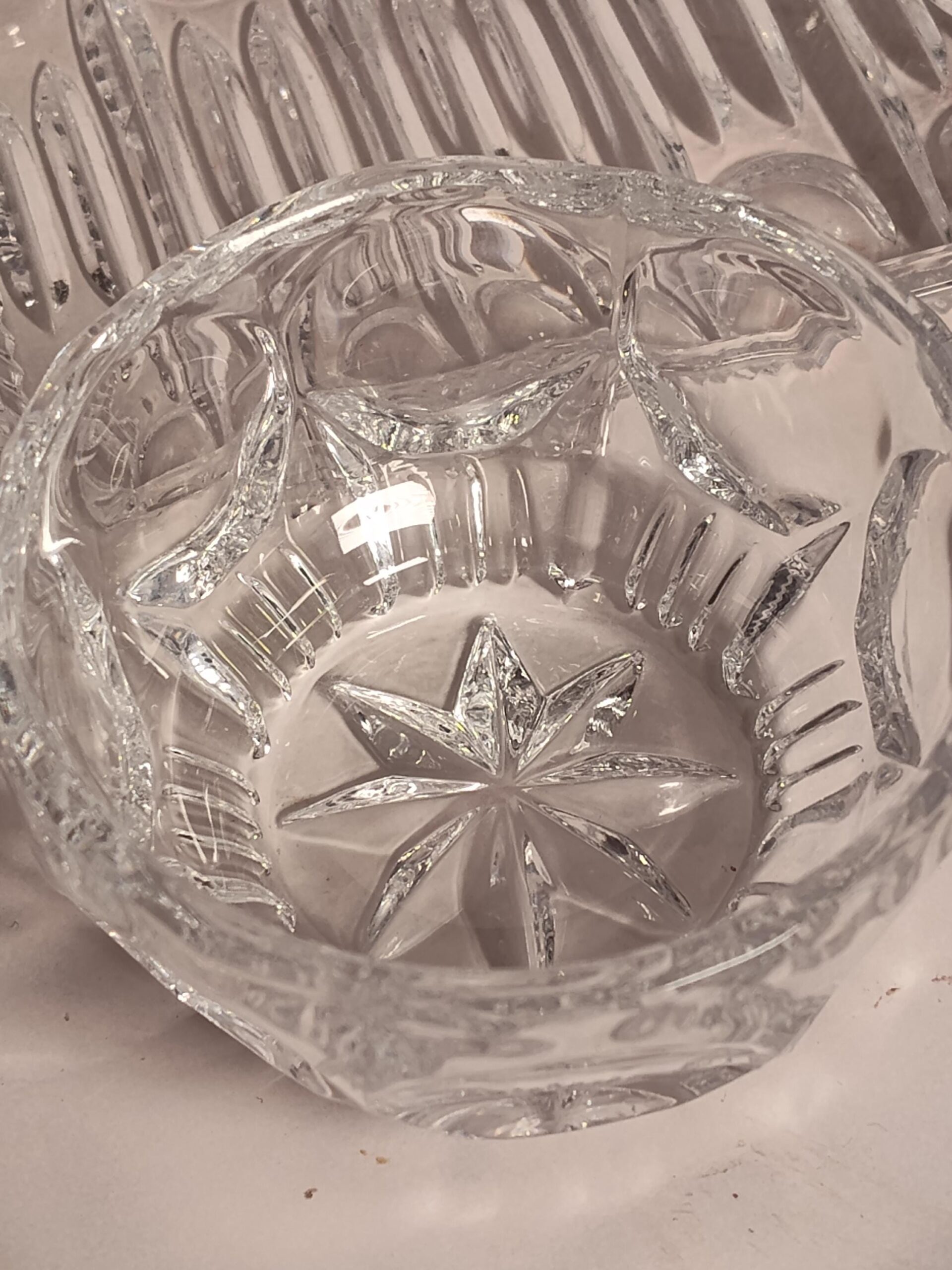 Vintage Cut Crystal Cream Sugar Set with Tray 3 Piece Lead Crystal Star Bottom Leaf Pattern Mid Century - Image 3