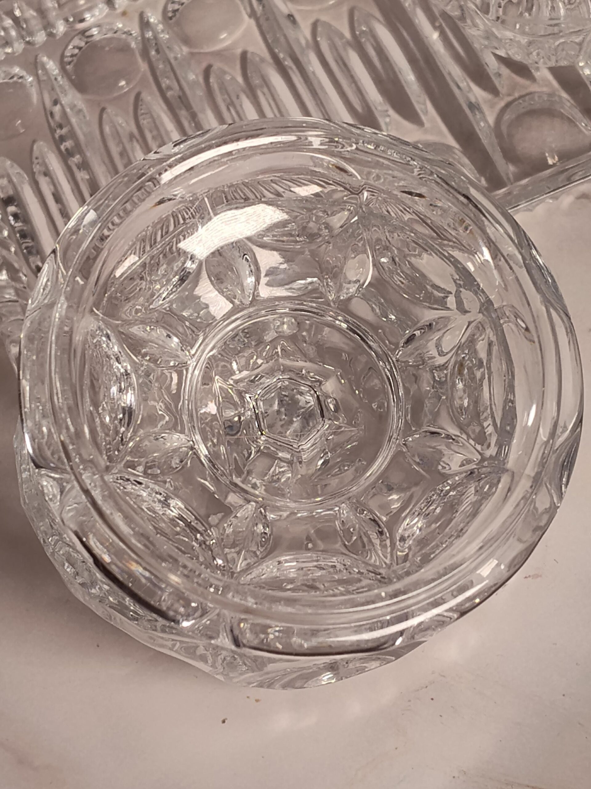 Vintage Cut Crystal Cream Sugar Set with Tray 3 Piece Lead Crystal Star Bottom Leaf Pattern Mid Century - Image 4