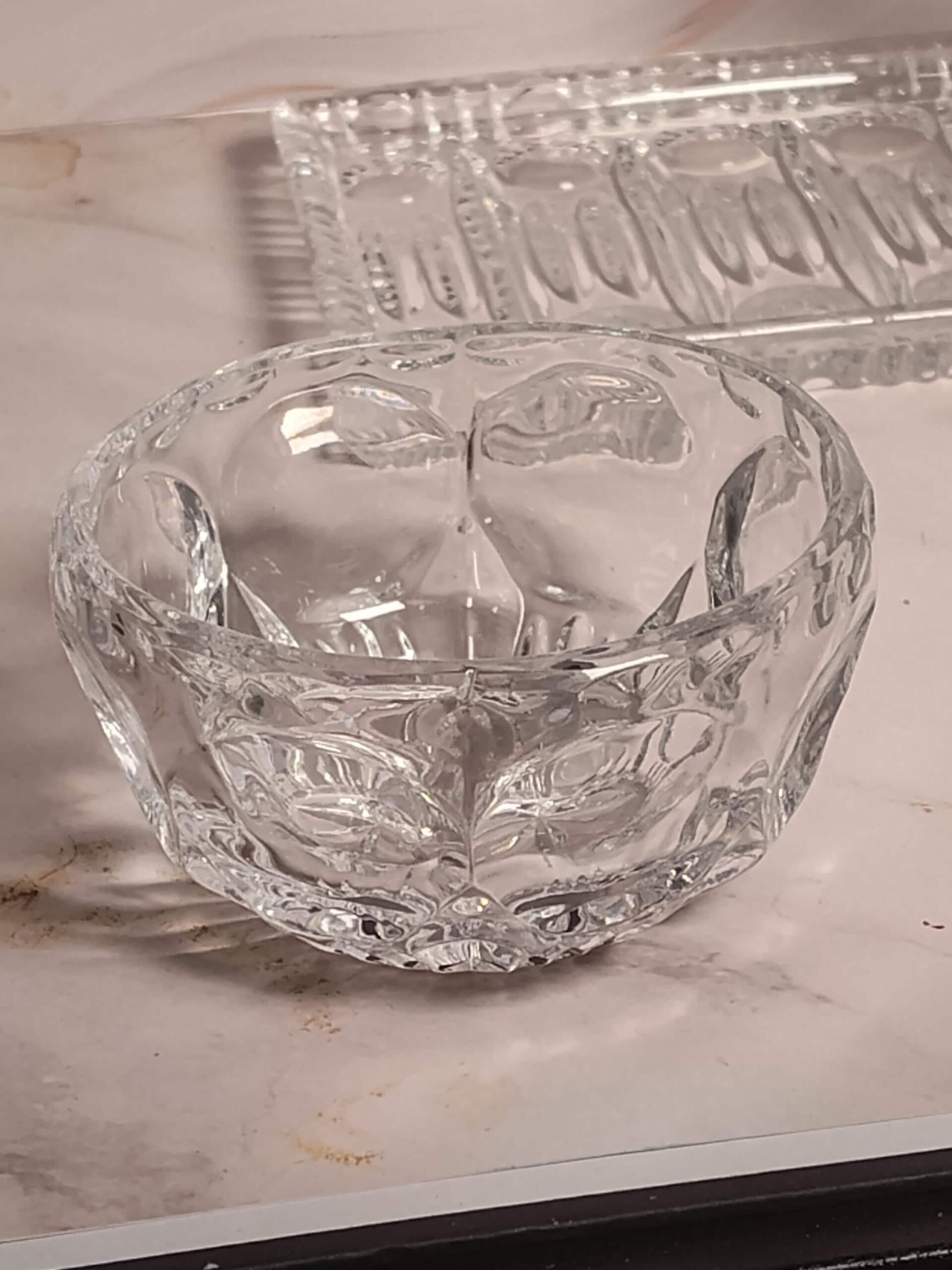 Vintage Cut Crystal Cream Sugar Set with Tray 3 Piece Lead Crystal Star Bottom Leaf Pattern Mid Century - Image 6