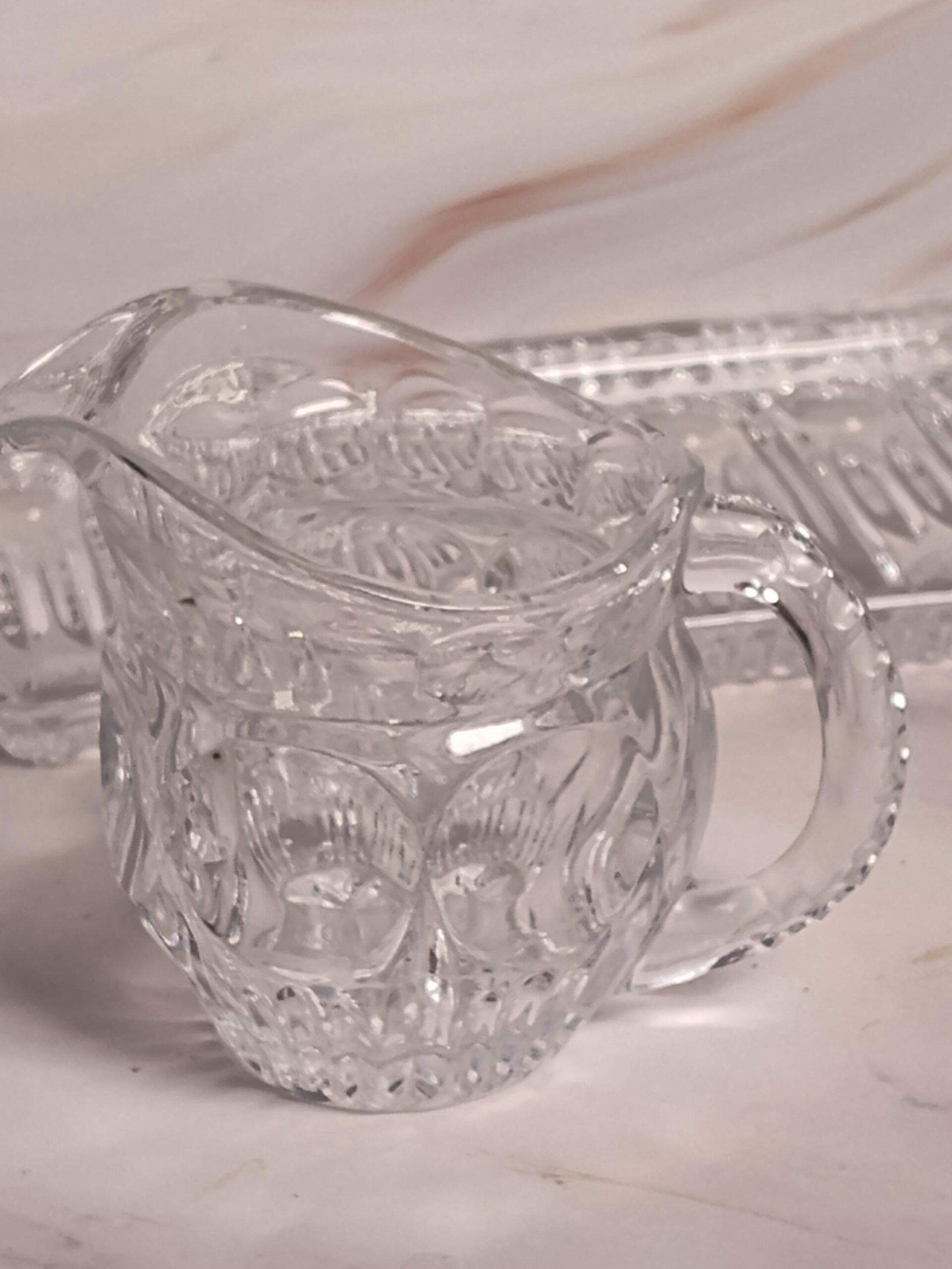 Vintage Cut Crystal Cream Sugar Set with Tray 3 Piece Lead Crystal Star Bottom Leaf Pattern Mid Century - Image 7