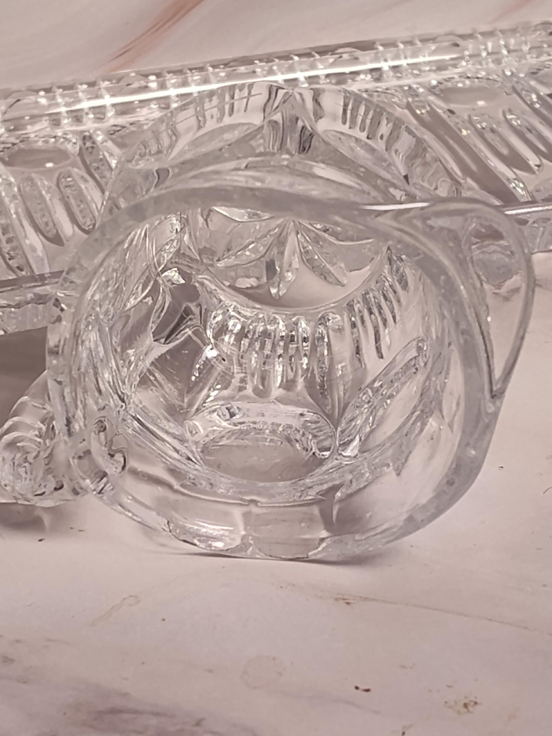 Vintage Cut Crystal Cream Sugar Set with Tray 3 Piece Lead Crystal Star Bottom Leaf Pattern Mid Century - Image 9