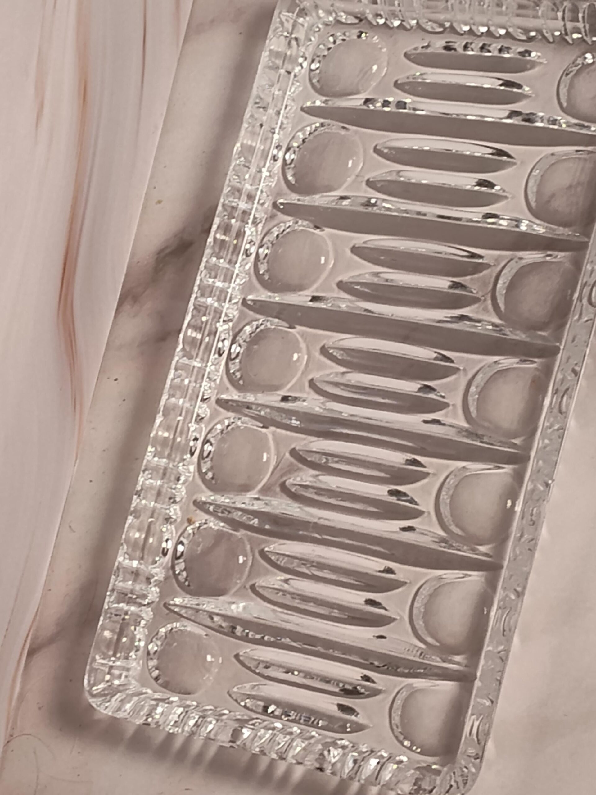 Vintage Cut Crystal Cream Sugar Set with Tray 3 Piece Lead Crystal Star Bottom Leaf Pattern Mid Century - Image 10