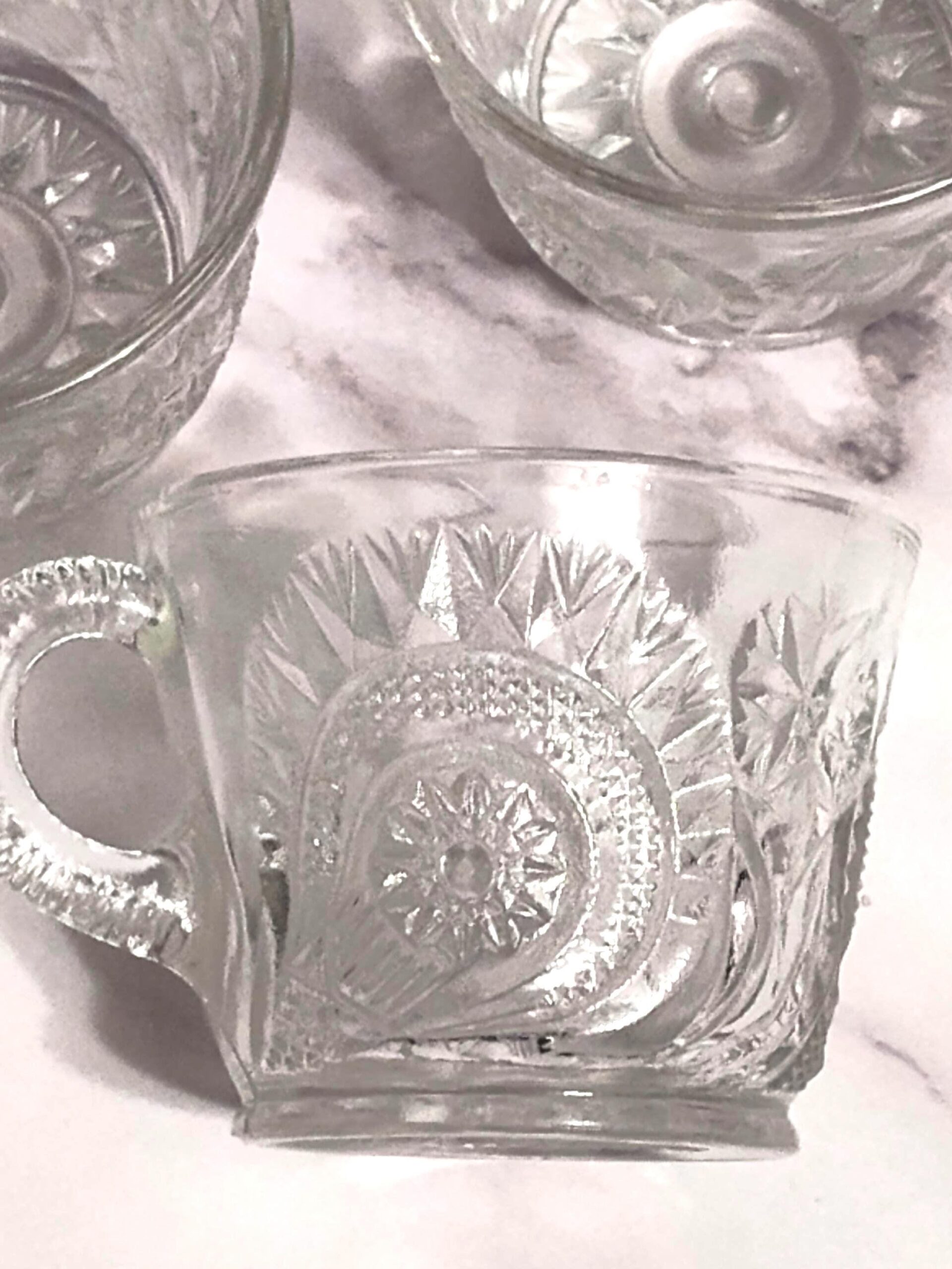 Vintage 1970s Clear Pressed Glass Punch Cups Radiant Daisy Horseshoe Set of 3 - Image 2