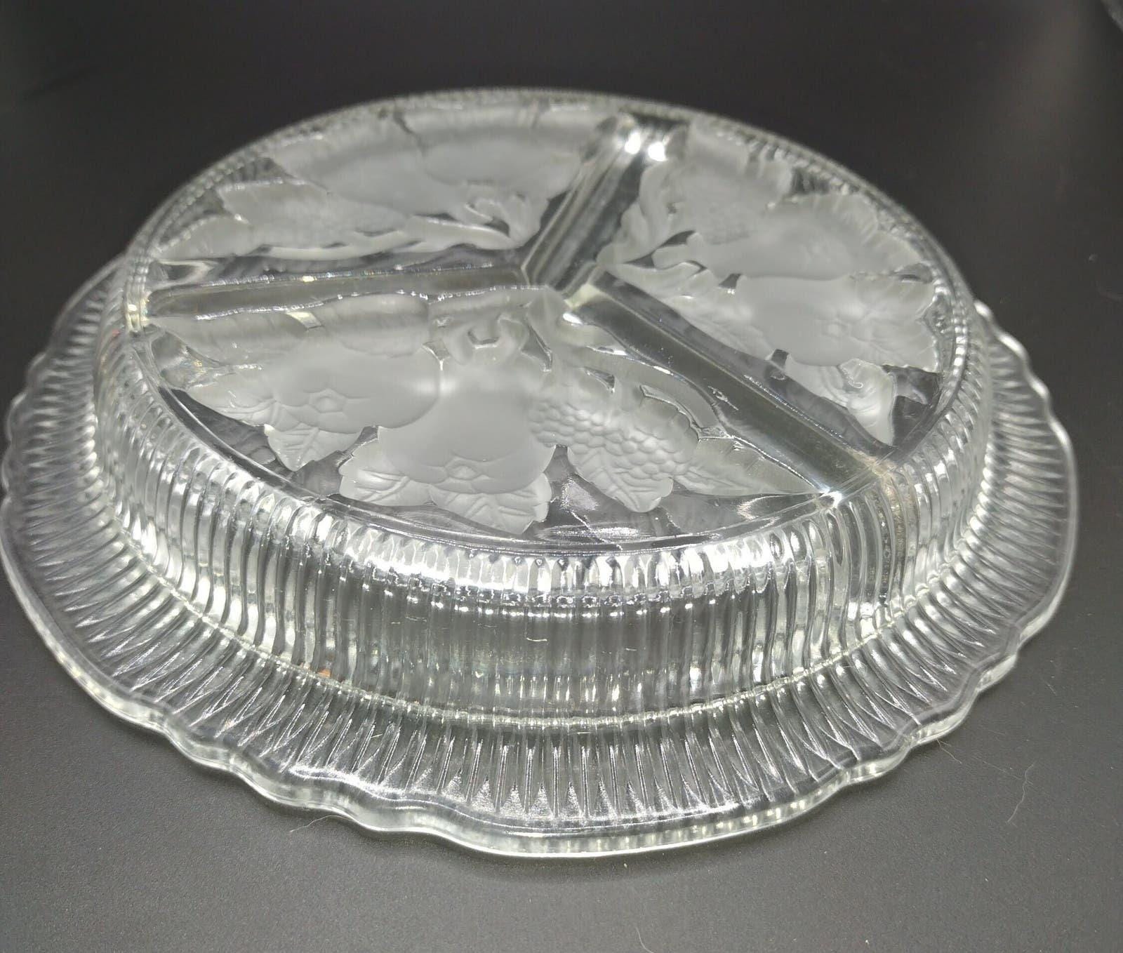 Vintage Clear Glass Divided Relish Dish Etched 7 1/2" Frosted Fruit Design - Image 2