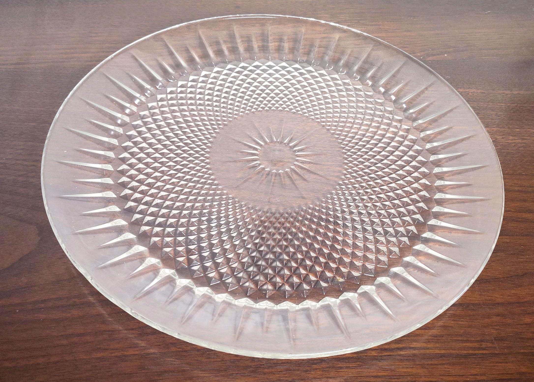 Vintage 1980s Cristal d'Arques-Durand Clear Glass Serving Platter Diamond Starburst Pattern 12 1/2" French
