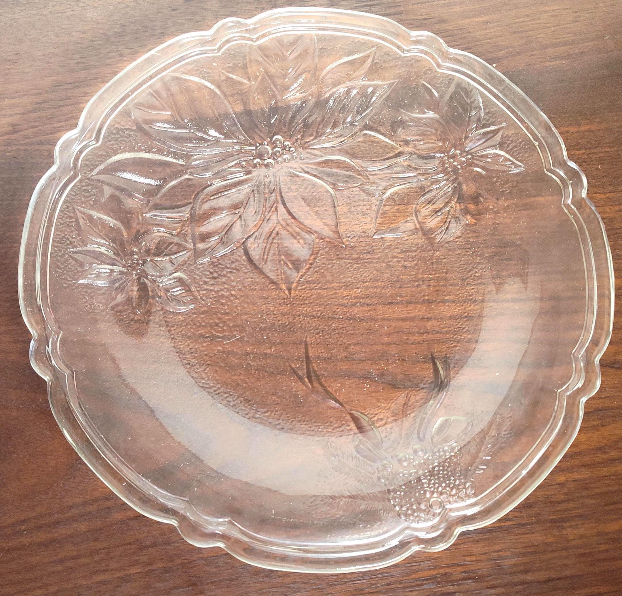 Vintage 1980s Gibson Holiday Time Poinsettia Clear Glass Serving Platter 13 Inch Christmas Holiday Decor