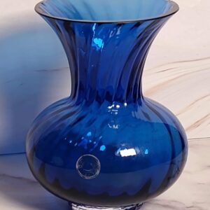 Vintage 1970s Dartington England Cobalt Blue Glass Vase Optical Swirl Pattern Art Glass Bulbous Mid Century Modern