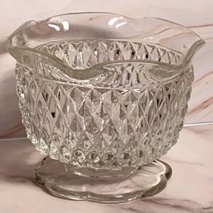 Vintage Diamond Point Pressed Glass Footed Compote Candy Dish Scalloped Rim Mid Century