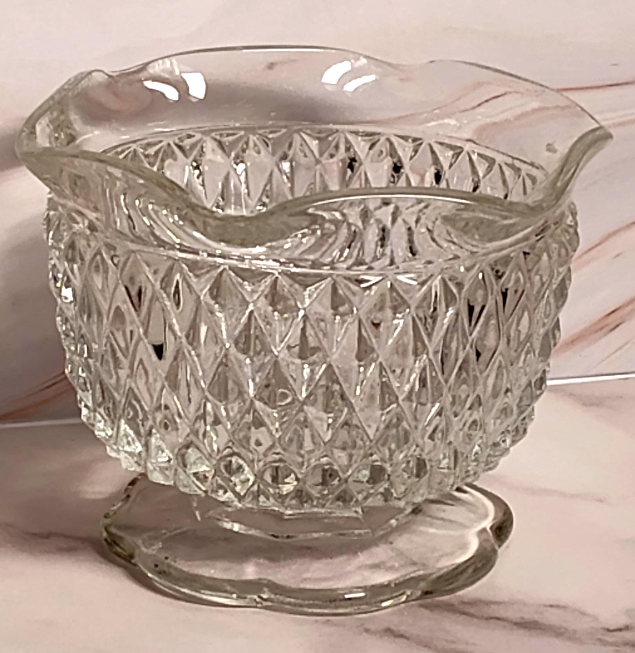 Vintage Diamond Point Pressed Glass Footed Compote Candy Dish Scalloped Rim Mid Century