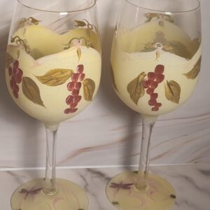Vintage 1970s Hand Painted Wine Glasses Set of 2 Grape Pattern Yellow Frosted Glass Stemware Barware