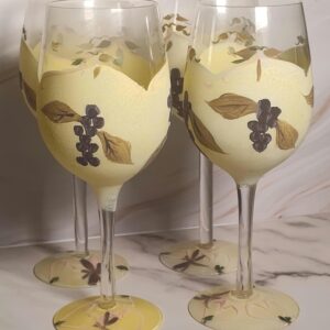 Vintage 1970s Hand Painted Wine Glasses Set of 4 Grape Pattern Yellow Frosted Glass Stemware Barware