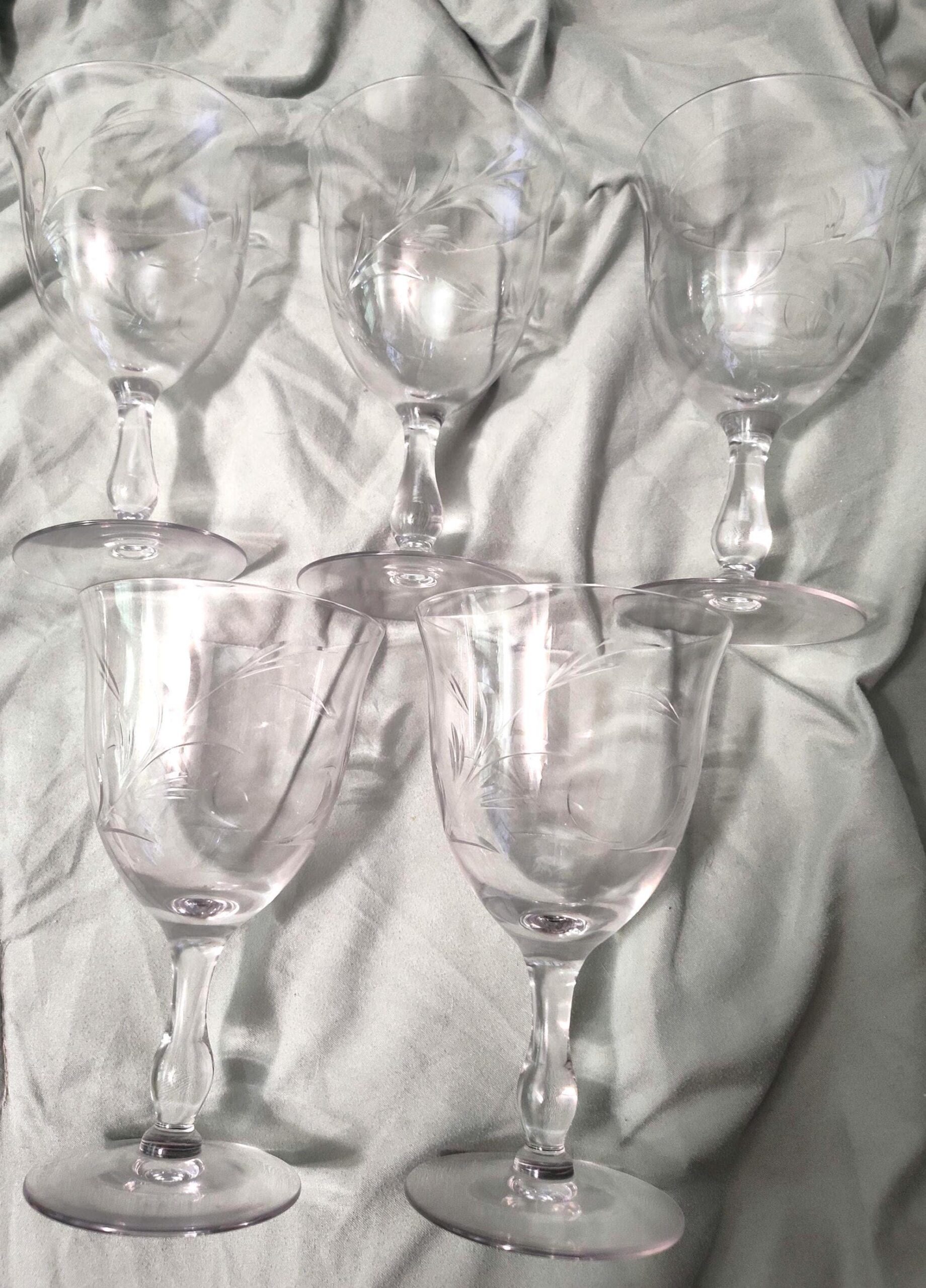 Vintage Water Glasses Etched Wheat Pattern Mid-century Set of 5