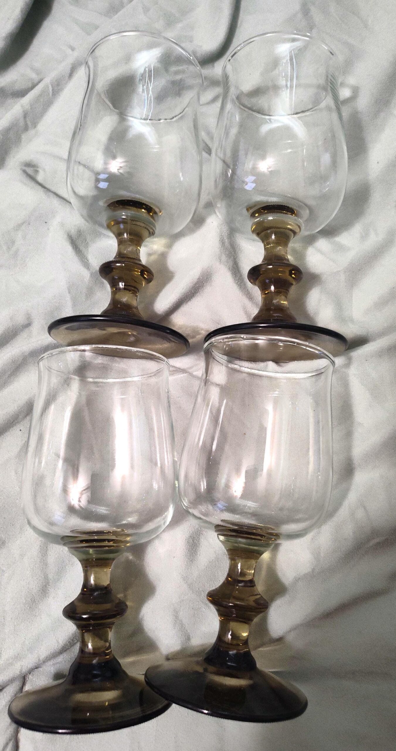 Vintage Libbey Tulip Wine Glasses - Brown Stem, Clear Bowl - Set of 4