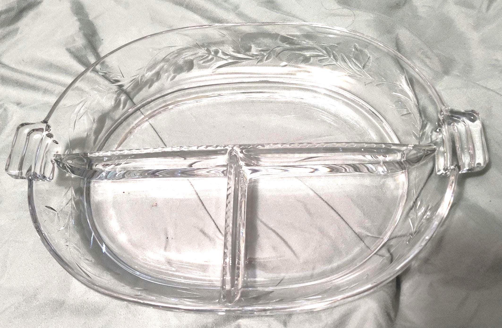 Vintage Three Section Oval Divided Relish Dish with Etched Wheat