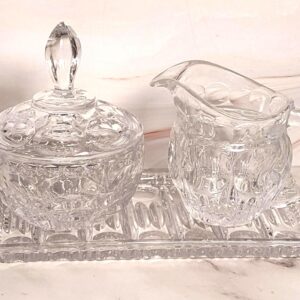 Vintage Cut Crystal Cream Sugar Set with Tray 3 Piece Lead Crystal Star Bottom Leaf Pattern Mid Century