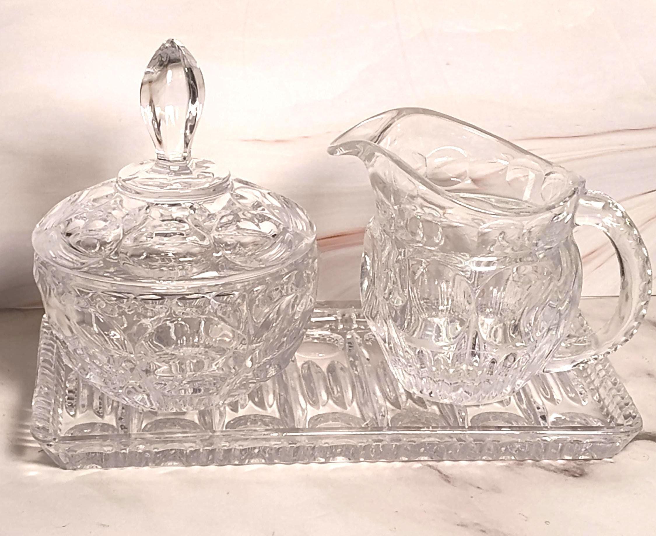Vintage Cut Crystal Cream Sugar Set with Tray 3 Piece Lead Crystal Star Bottom Leaf Pattern Mid Century