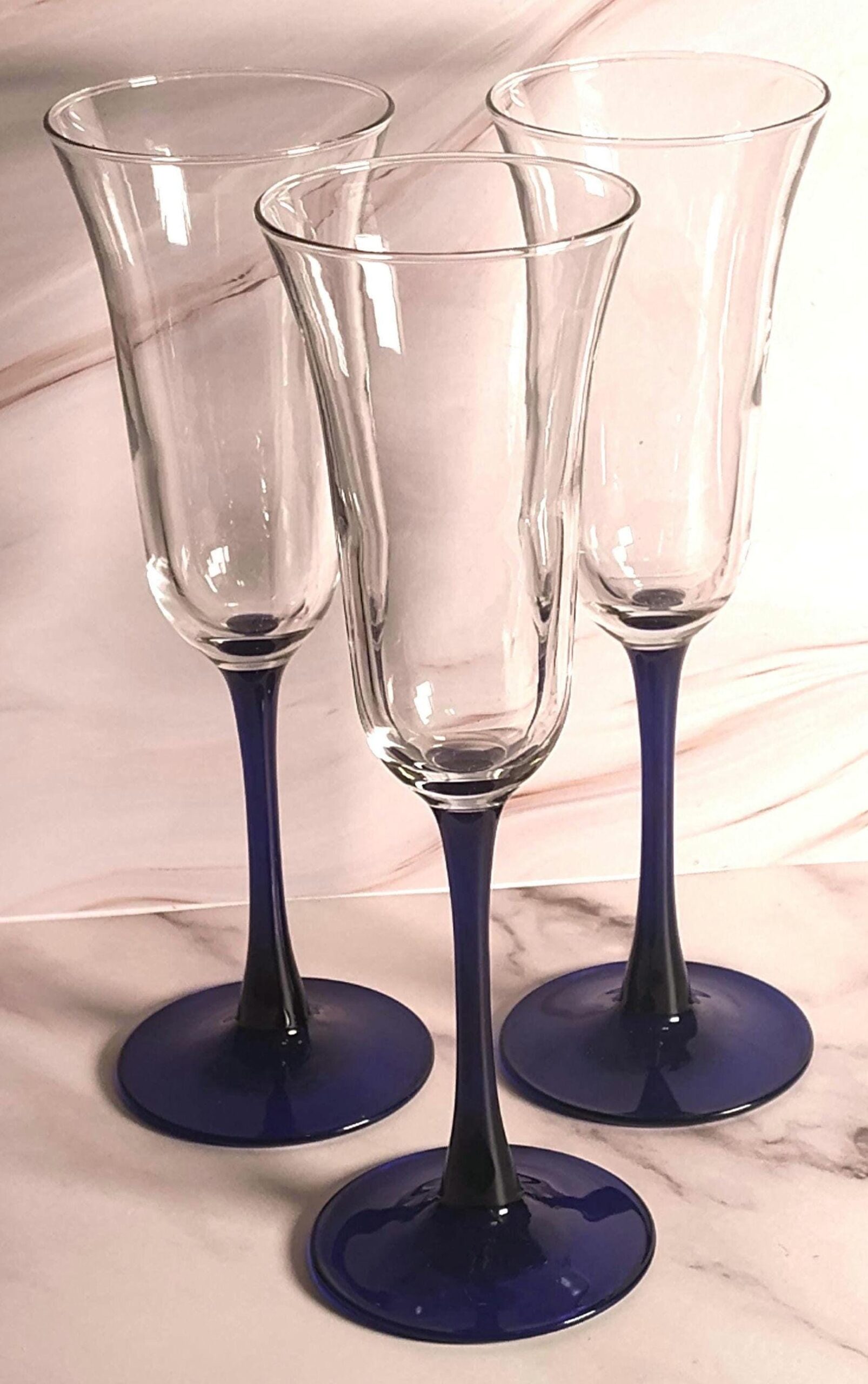 Vintage 1970s Cobalt Blue Champagne Flutes Set of 3 Stemmed Glasses