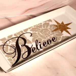 St Nicholas Square Believe Ceramic Serving Tray Gold Trim Christmas Holiday