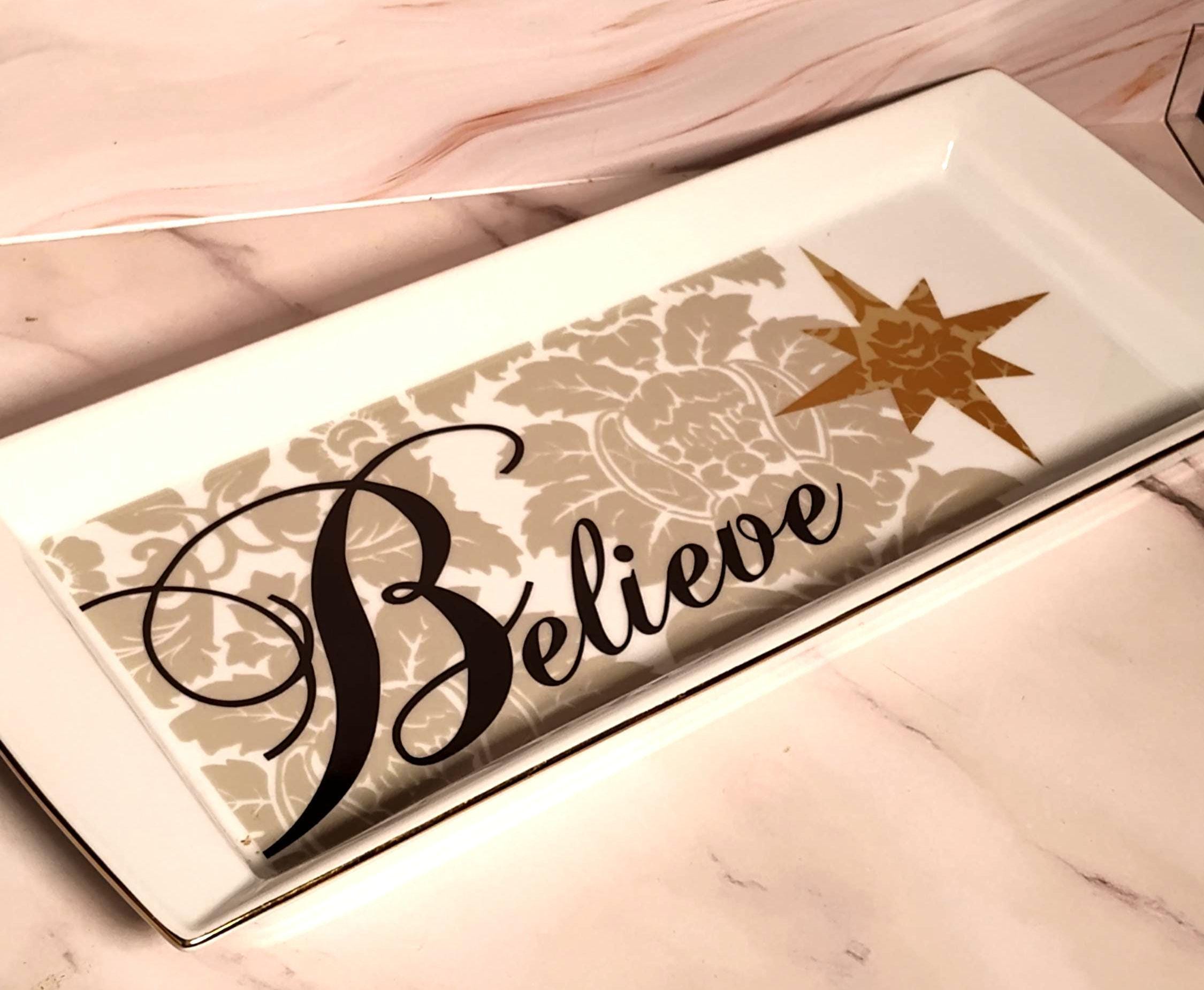 St Nicholas Square Believe Ceramic Serving Tray Gold Trim Christmas Holiday