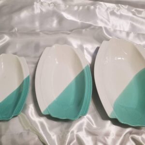 Vintage Set of 3 Stackable Oval Rimmed Serving Dishes Unique Green and White