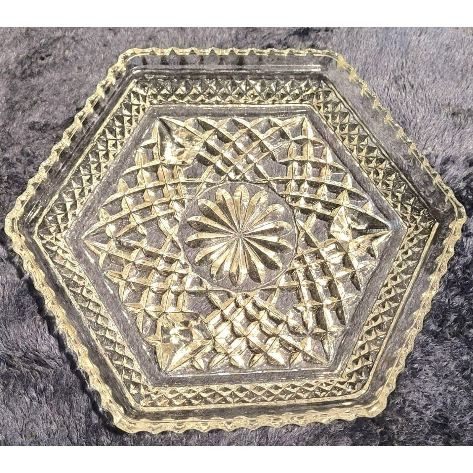Vintage Hexagon Clear Cut Footed Glass Candy Relish Trinket Dish