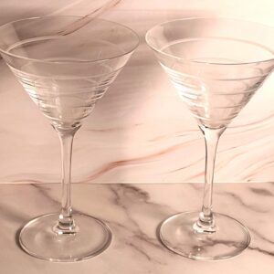 Vintage Mikasa Cheers Martini Glasses Set of 2 Clear Crystal Etched Horizontal Lines 7 1/2" Cocktail Stemware Barware