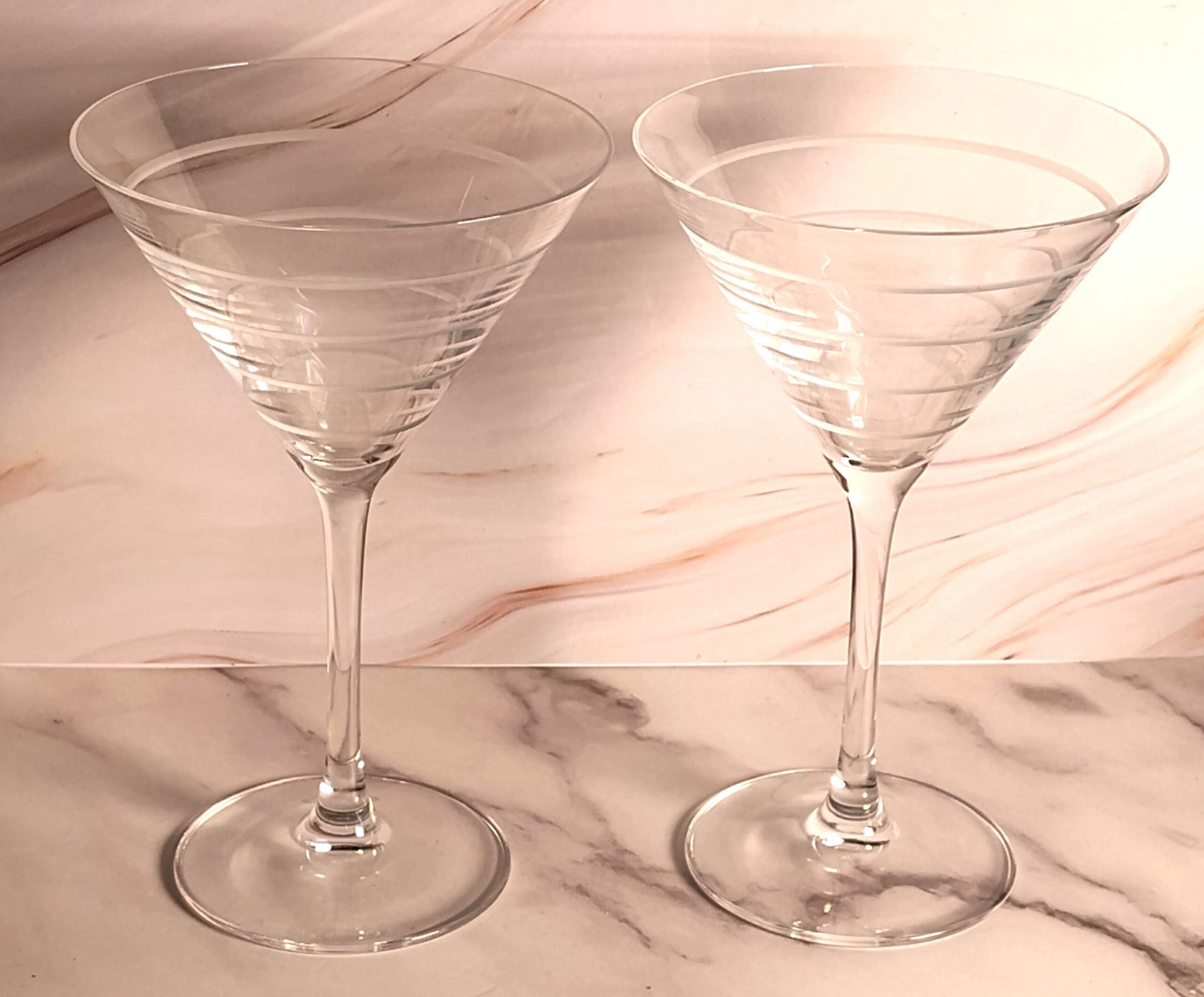 Vintage Mikasa Cheers Martini Glasses Set of 2 Clear Crystal Etched Horizontal Lines 7 1/2" Cocktail Stemware Barware