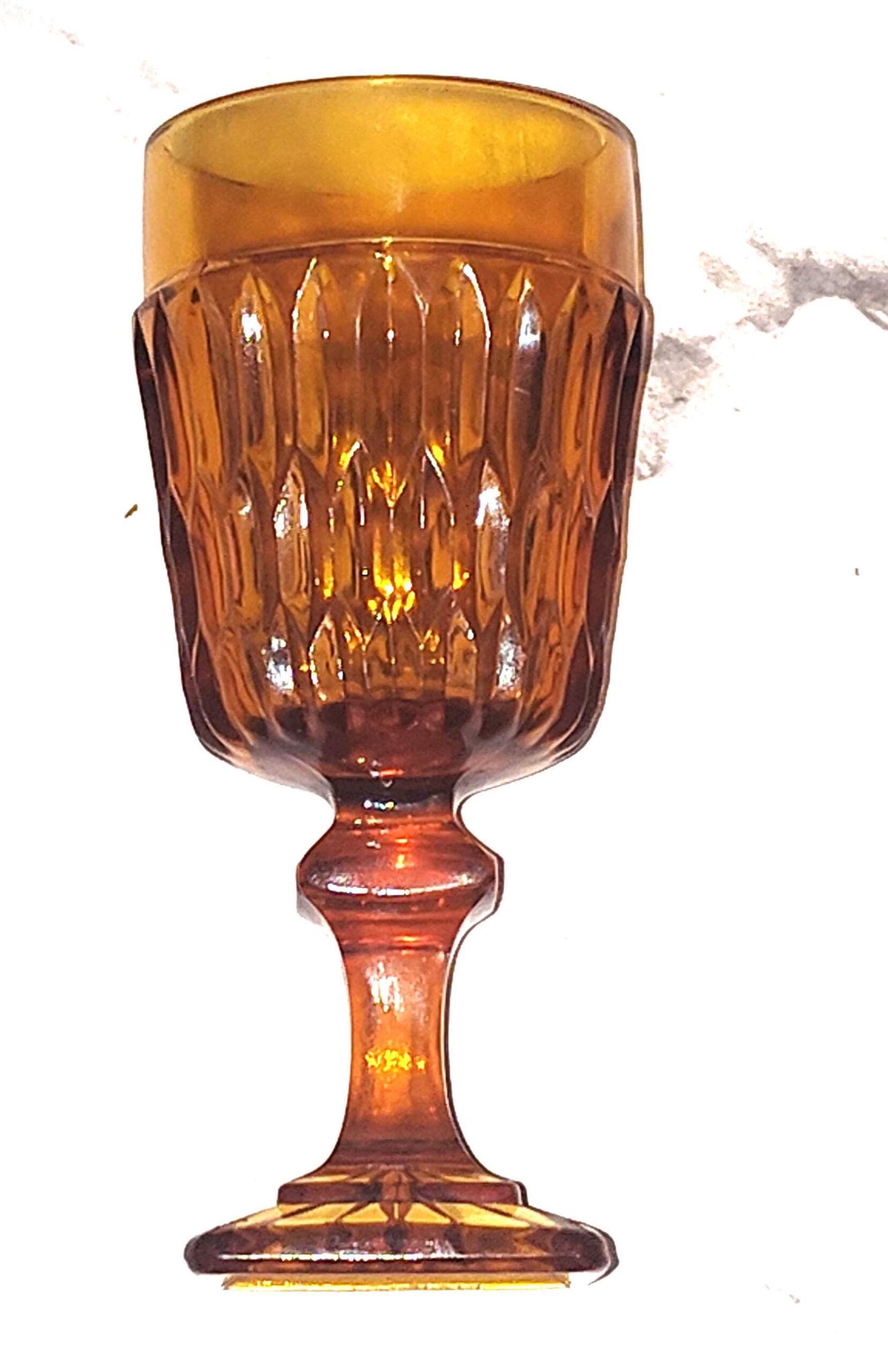 Vintage Indiana Glass Mt. Vernon Amber Goblet 5 1/2" Diamond Pattern Water Wine Glass Stemware Mid Century