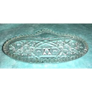Vintage American Brilliant Style Press Cut Glass Oval Relish Dish Trinket Tray Crystal Clear Starburst Pattern