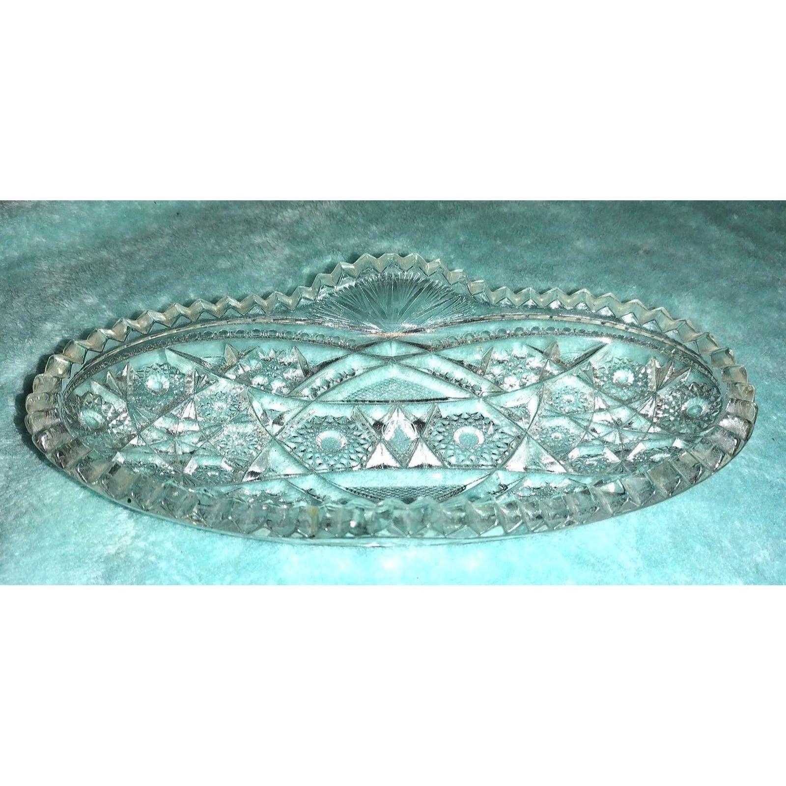Vintage American Brilliant Style Press Cut Glass Oval Relish Dish Trinket Tray Crystal Clear Starburst Pattern