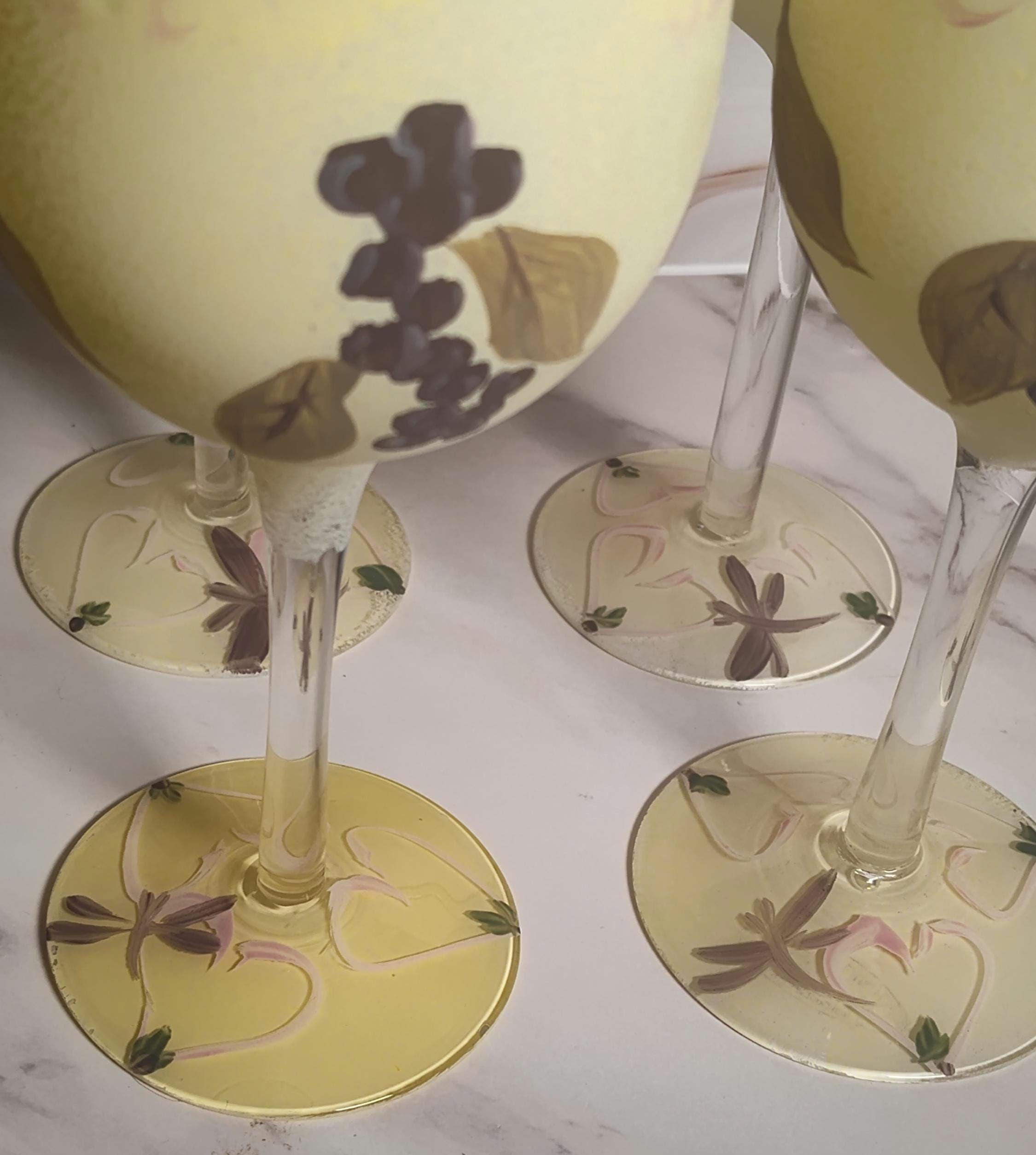Vintage 1970s Hand Painted Wine Glasses Set of 4 Grape Pattern Yellow Frosted Glass Stemware Barware - Image 5