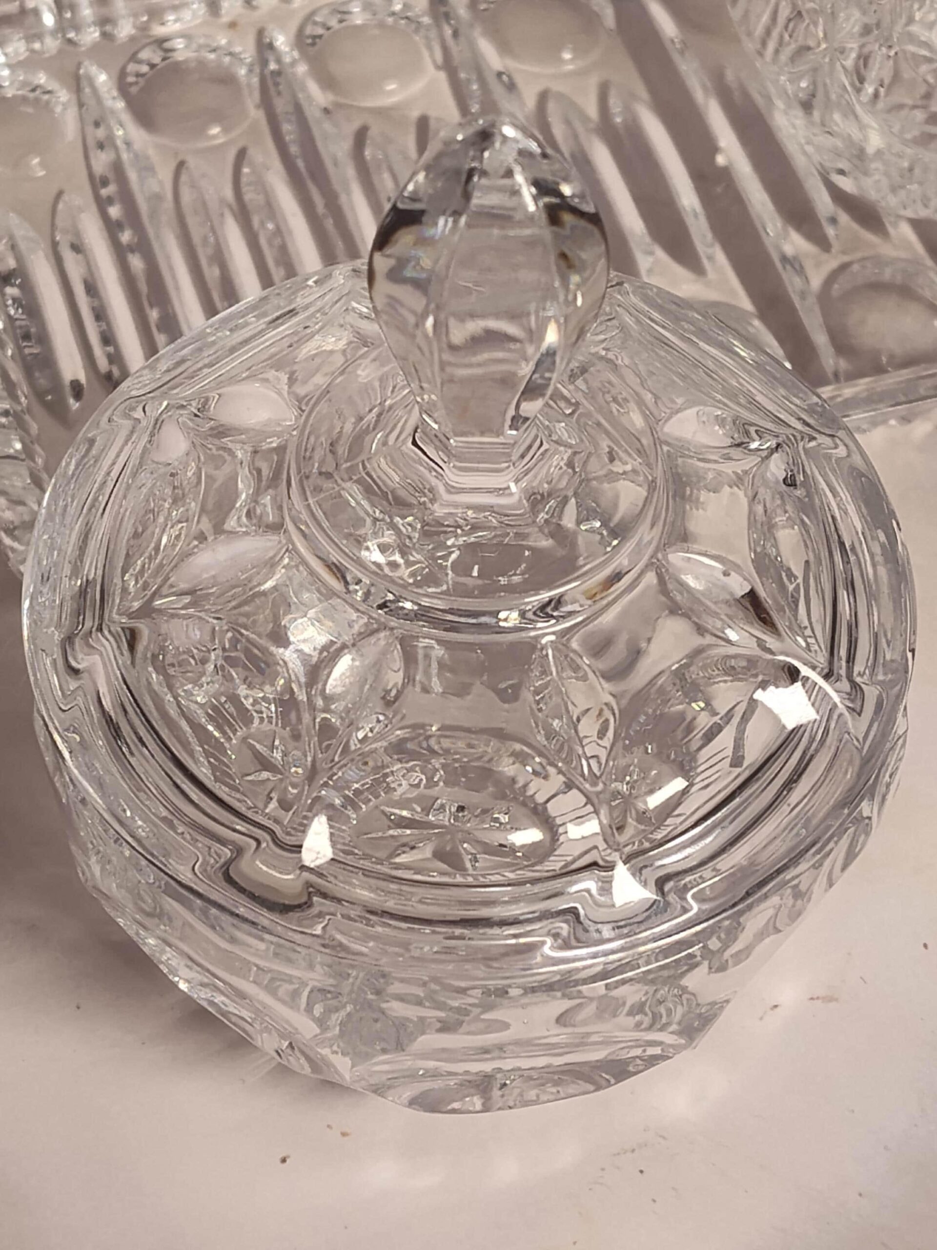 Vintage Cut Crystal Cream Sugar Set with Tray 3 Piece Lead Crystal Star Bottom Leaf Pattern Mid Century - Image 2