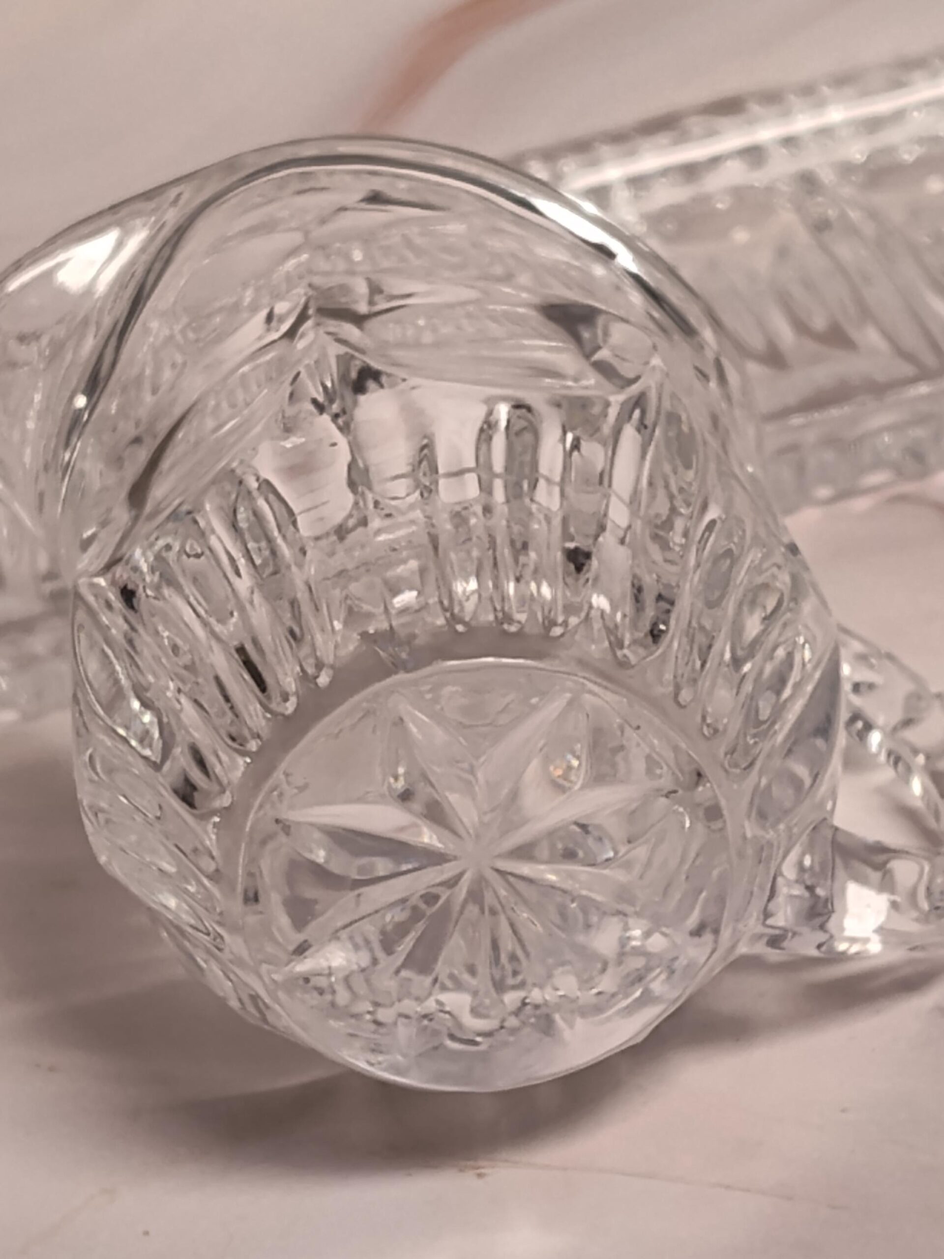 Vintage Cut Crystal Cream Sugar Set with Tray 3 Piece Lead Crystal Star Bottom Leaf Pattern Mid Century - Image 8