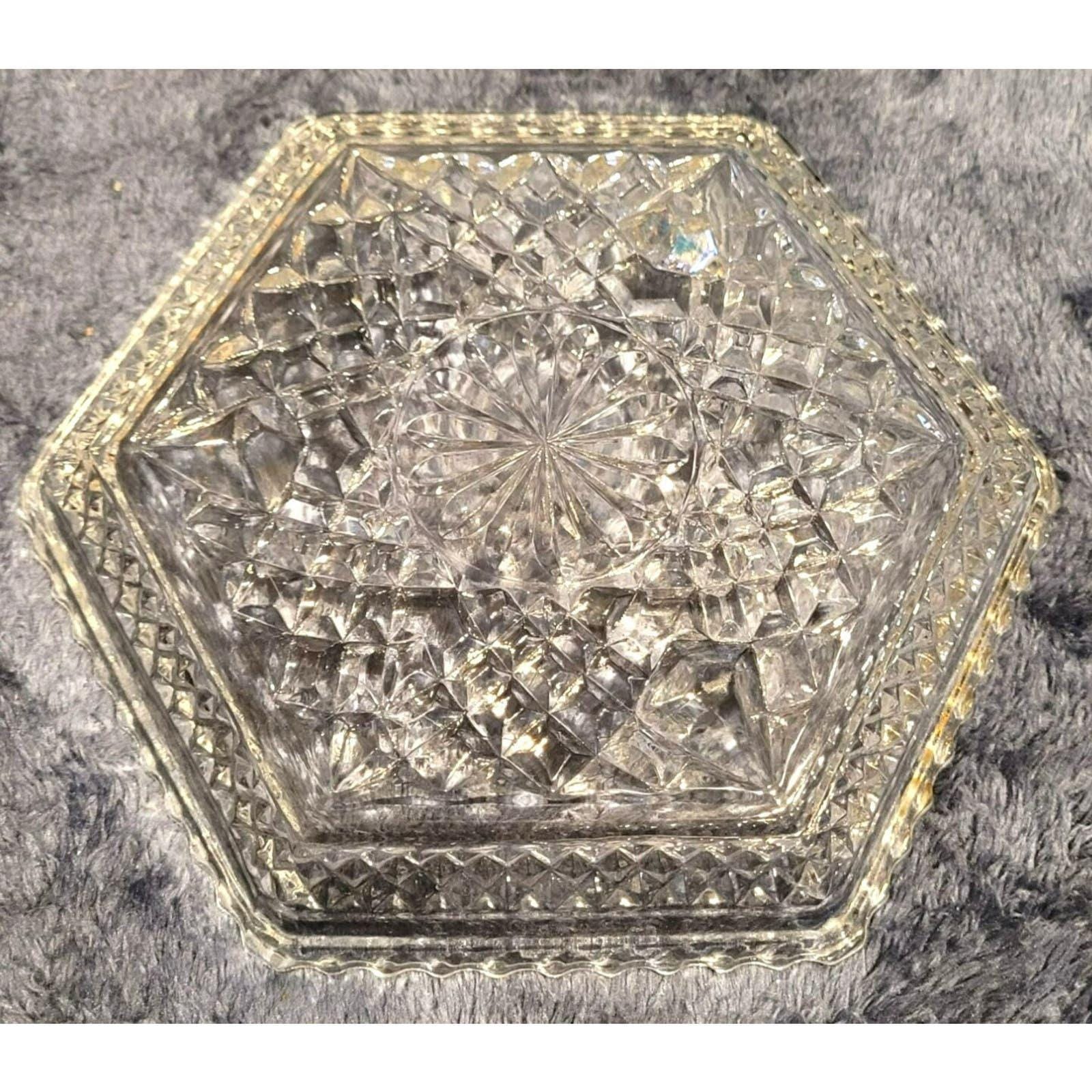 Vintage Hexagon Clear Cut Footed Glass Candy Relish Trinket Dish - Image 2