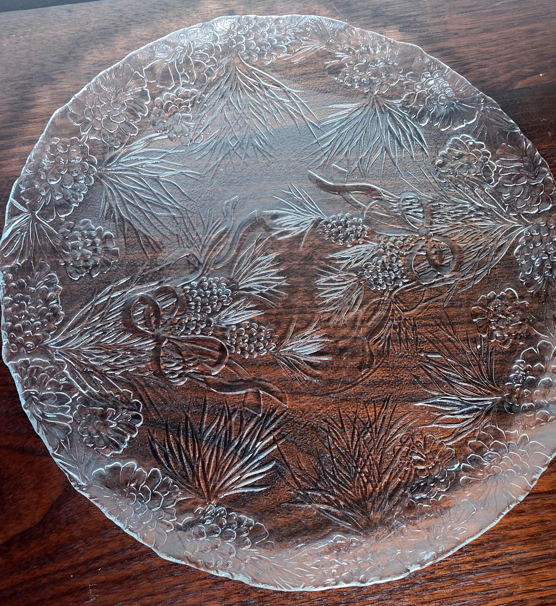 Vintage Clear Glass Pinecone Pine Needle Serving Platter 13" Embossed Winter Holiday Plate Ribbon Bow Rustic Woodland Cookie Tray - Image 2
