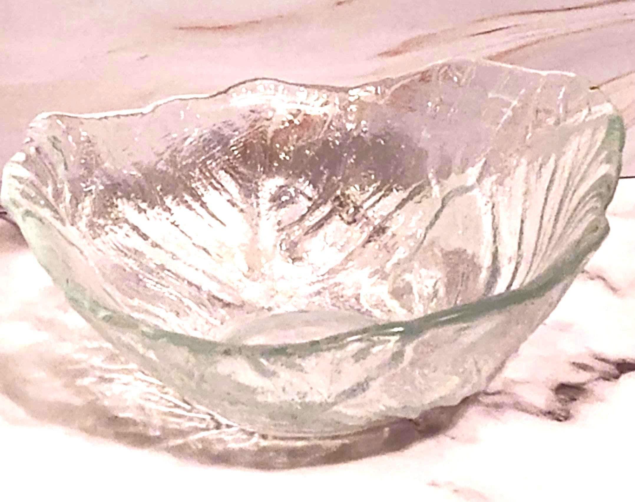 Vintage Green Cabbage Leaf Style Salad Bowls Set of 3 Heavy Pressed Glass