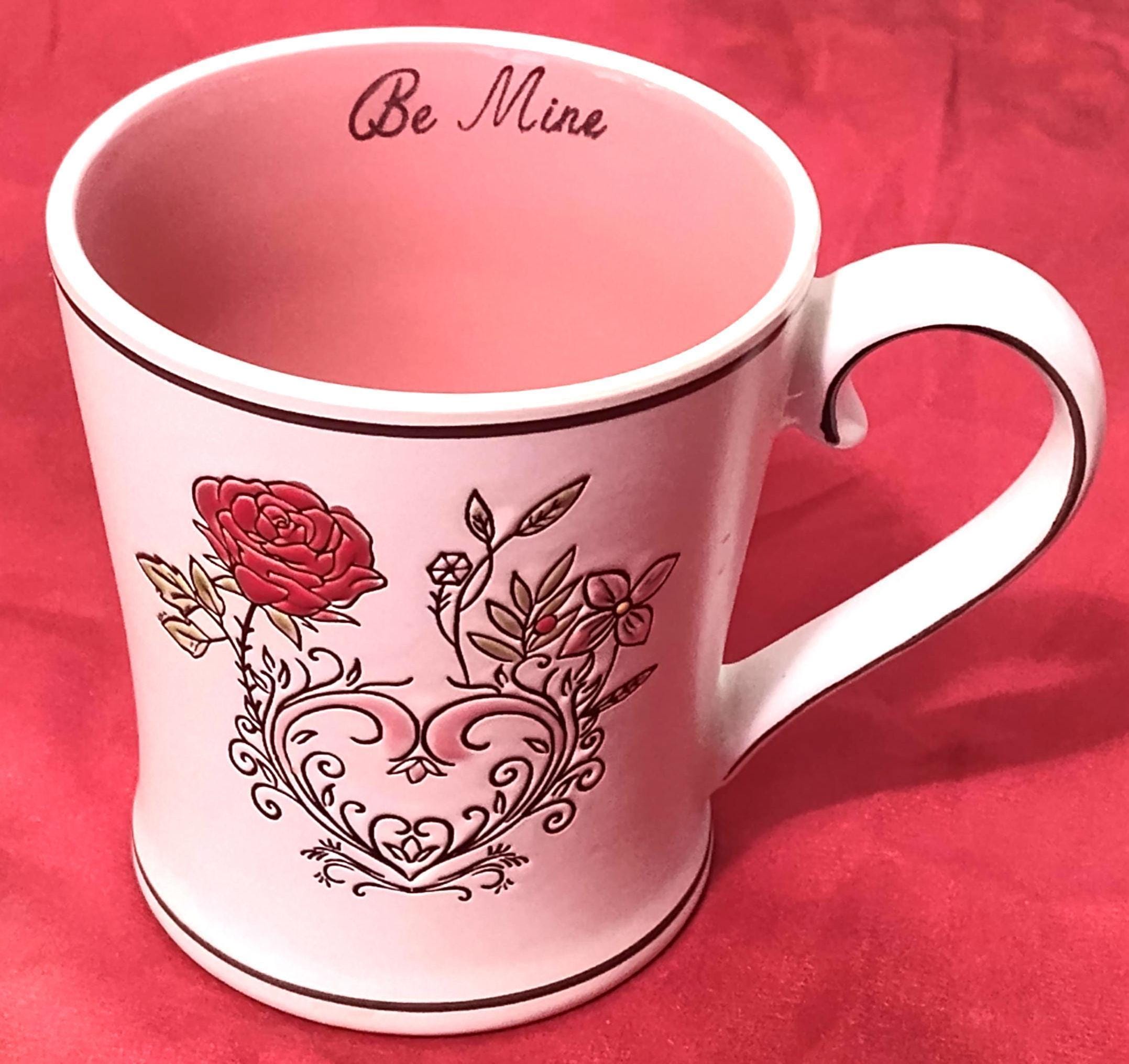 Vintage Be Mine Valentine's Day Coffee Mug: Roses, Hearts, Pink Interior