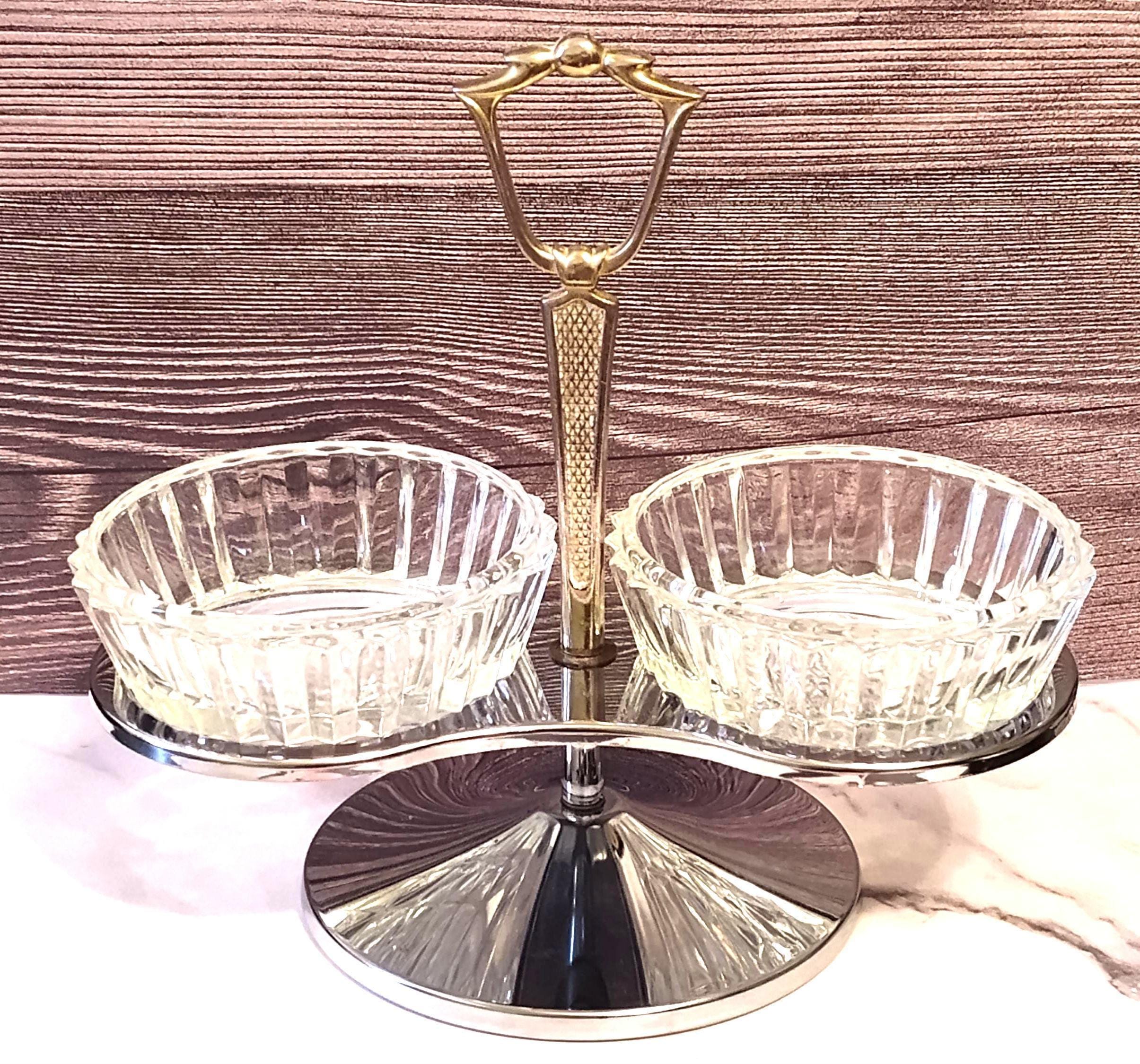 Vintage Krome MCM Condiment Caddy Glass and Metal Serving Dish