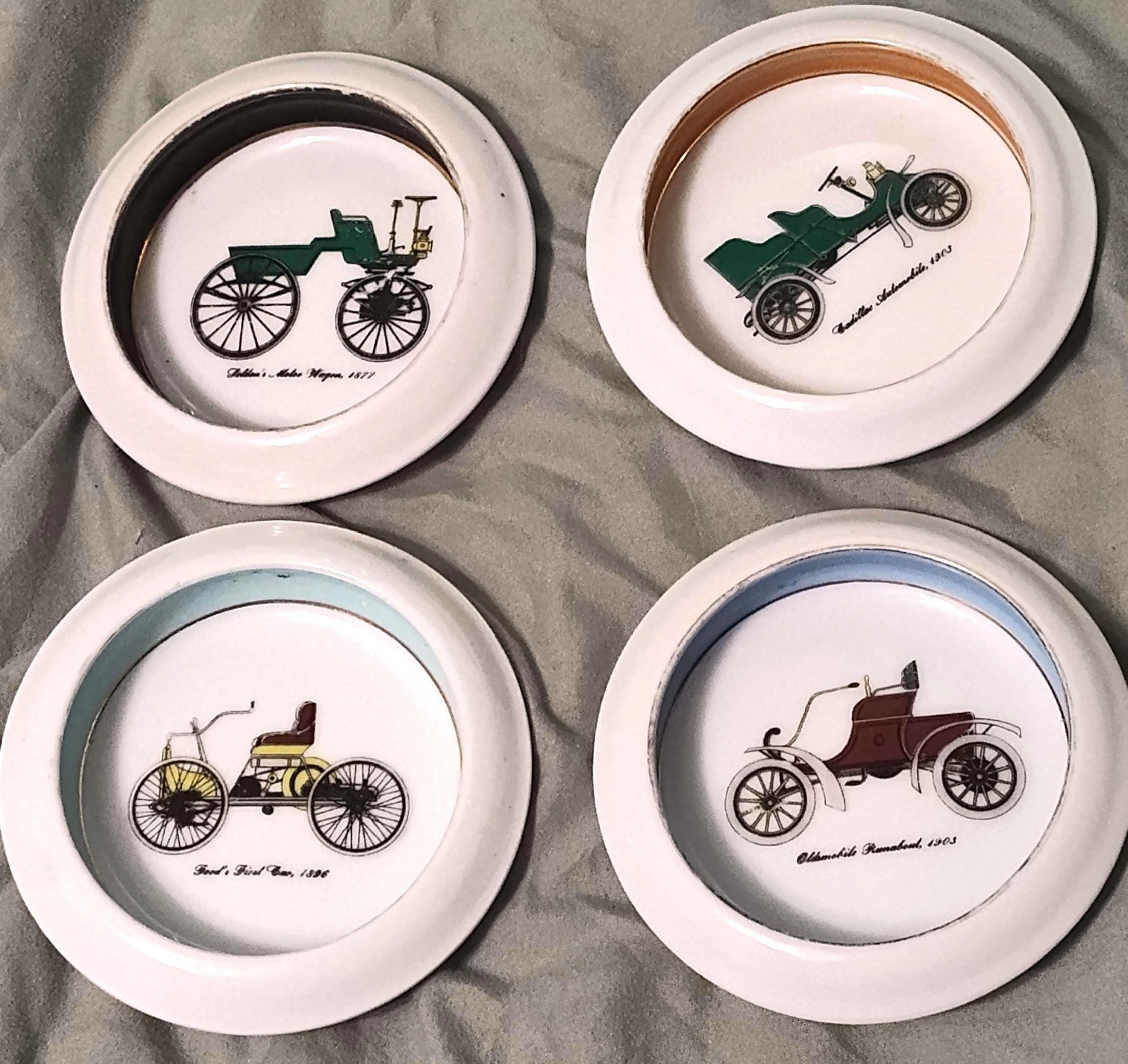 Vintage 1970s Set of 4 Vintage Porcelain Coasters with Automobile Decoration 1970s
