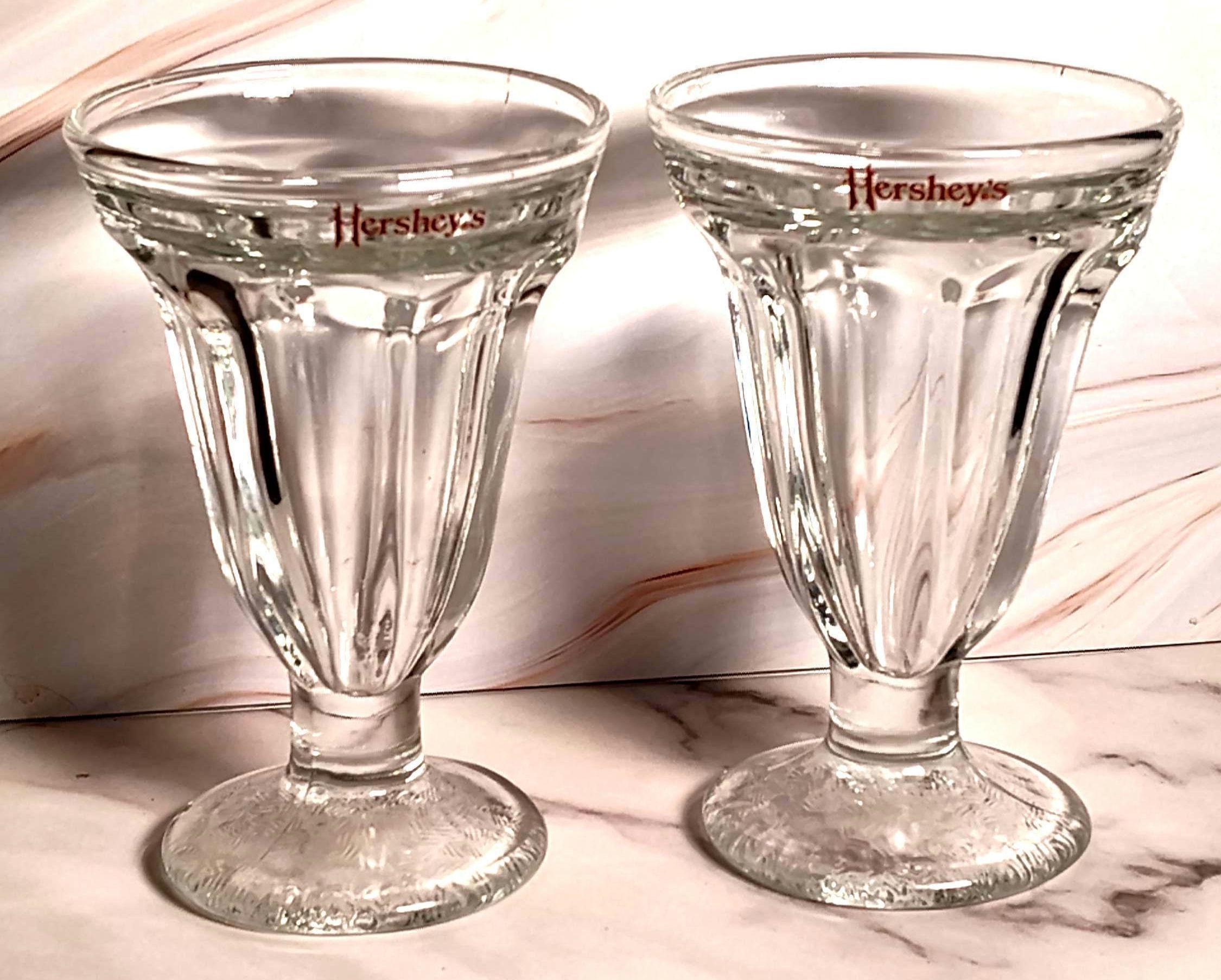 Vintage 1980s Hersheys Ice Cream Sundae Glasses Set of 2 Soda Fountain Glassware Dessert Dishes Chocolate Logo