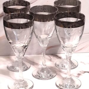 Vintage 1960s MCM Platinum Floral Wine Glasses Twisted Stem Set of 5 Lead Crystal