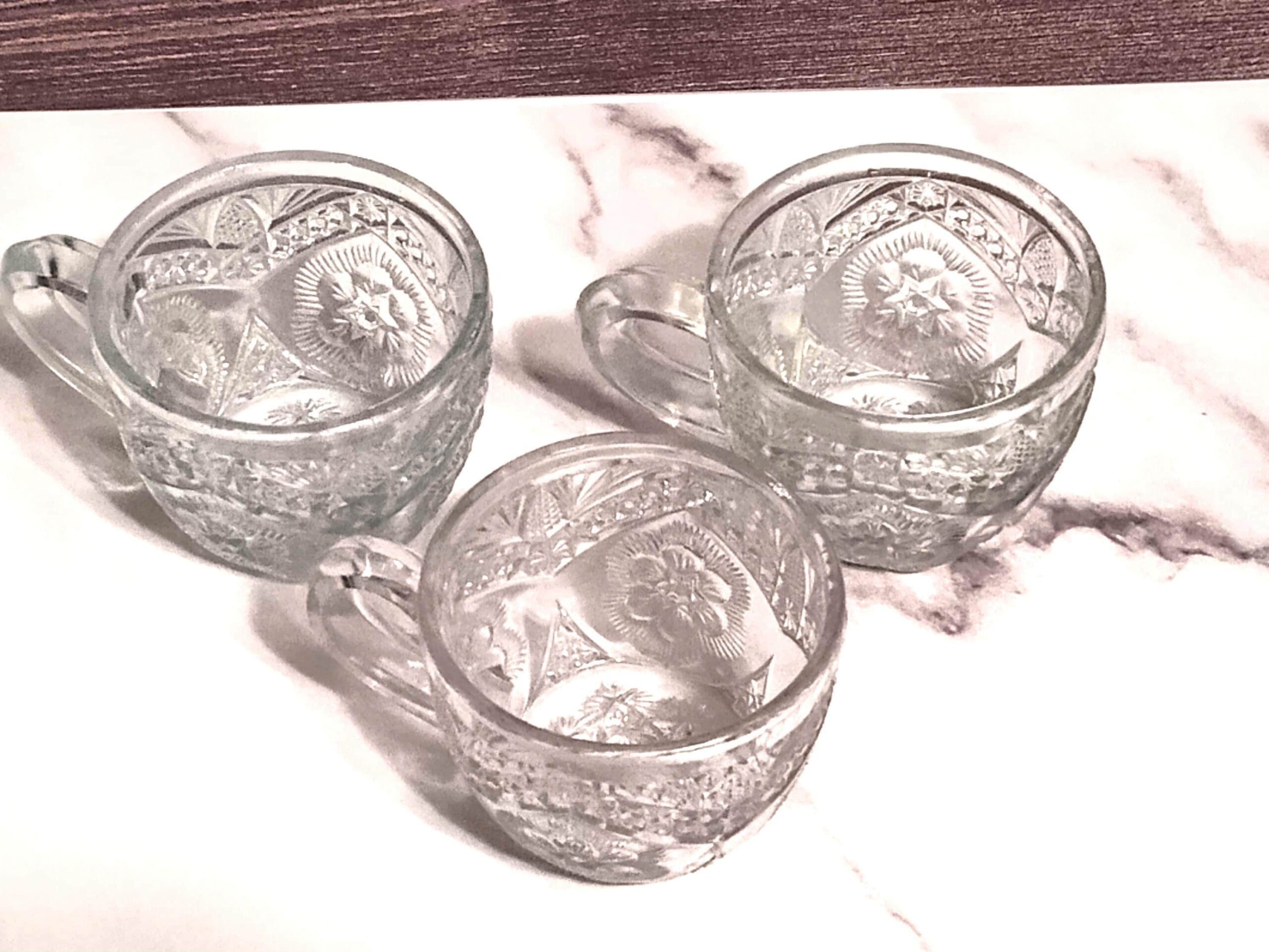 Vintage 1970s Indiana Glass Rayed Flower Punch Bowl Cups Set of 3