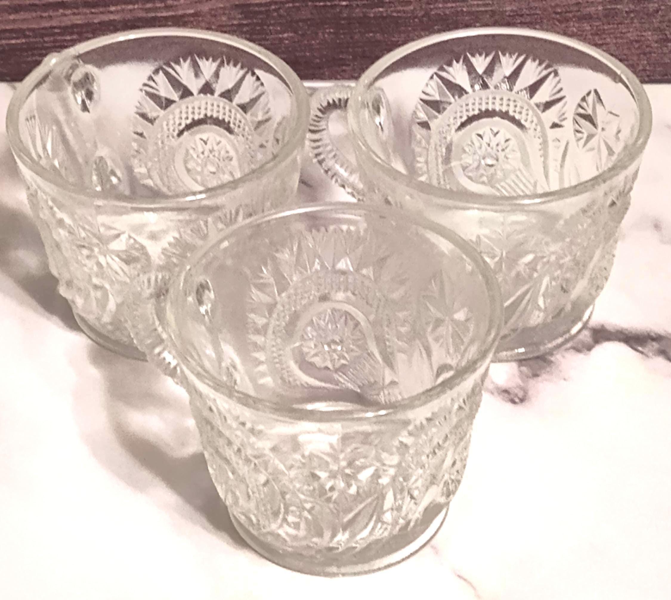 Vintage 1970s Clear Pressed Glass Punch Cups Radiant Daisy Horseshoe Set of 3