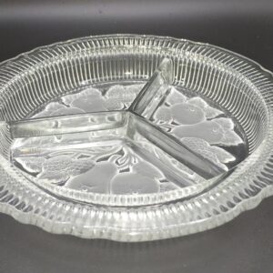 Vintage Clear Glass Divided Relish Dish Etched 7 1/2" Frosted Fruit Design
