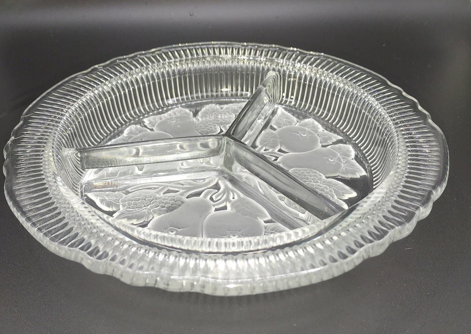 Vintage Clear Glass Divided Relish Dish Etched 7 1/2" Frosted Fruit Design