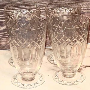Vintage 1960s Etched Crystal Wine Glasses Set of 4 Mid Century Stemware Barware Clear Glass Diamond Pattern