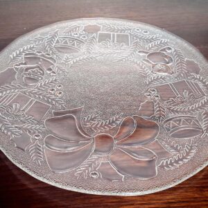 Vintage Indiana Glass Christmas Wreath Serving Platter 12.5" Clear Glass Holiday Plate Embossed Bow Ornaments Cookie Tray