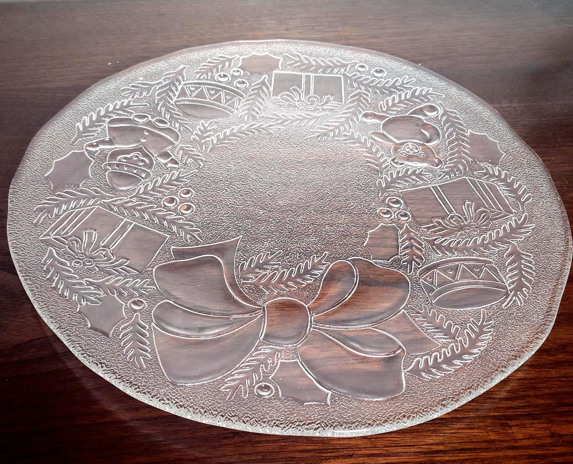 Vintage Indiana Glass Christmas Wreath Serving Platter 12.5" Clear Glass Holiday Plate Embossed Bow Ornaments Cookie Tray